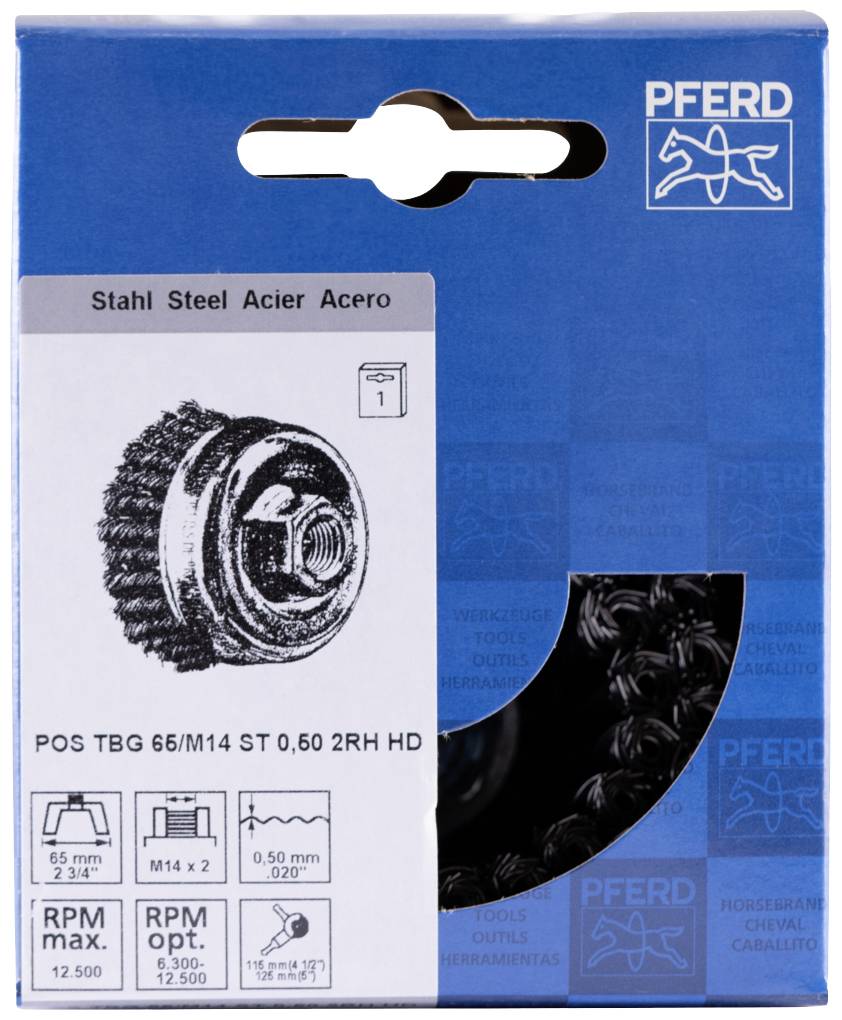 Verpackung einer Stahlbürste, geeignet für Stahlbearbeitung. Enthält Details zu Größe (65 mm), Einsatz (Stahl), und Drehzahl (max. 12.500 U/min).