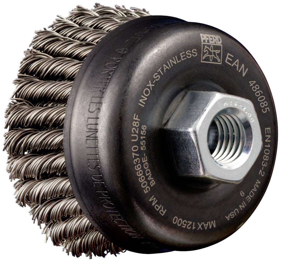 Drahtbürste aus Edelstahl mit Schraubgewinde, geeignet für das Entfernen von Rost und Farbe auf Metalloberflächen. Maximale Drehzahl: 12500 U/min.