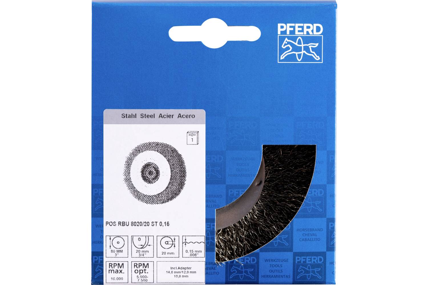 PFERD TOOLS POS Rundbürste breit ungezopft RBU Ø80x20xvariable Bohrung Stahl-Draht-Ø0,15 Schleifbock POS RBU 8020/20 ST 0,15