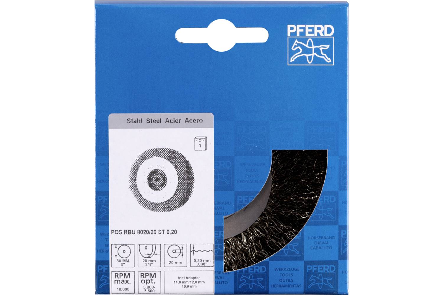 PFERD TOOLS POS Rundbürste breit ungezopft RBU Ø80x20xvariable Bohrung Stahl-Draht-Ø0,20 Schleifbock POS RBU 8020/20 ST 0,20