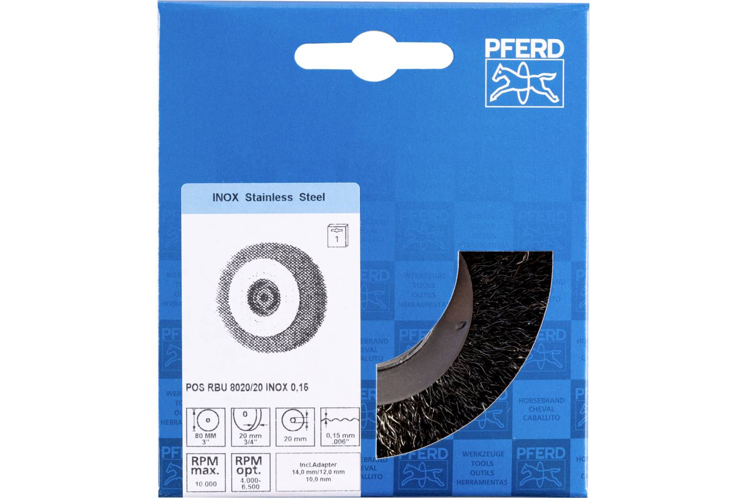 PFERD TOOLS POS Rundbürste breit ungezopft RBU Ø80x20xvariable Bohrung Edelstahl-Draht-Ø0,15 Schle