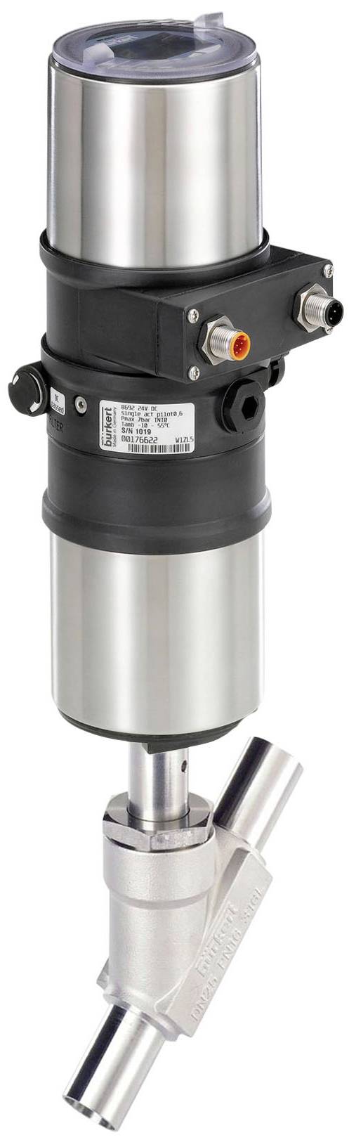 Ein Edelstahlventil mit robustem Design und elektronischen Anschlüssen. Verwendet in industriellen Flüssigkeitstransfersystemen.