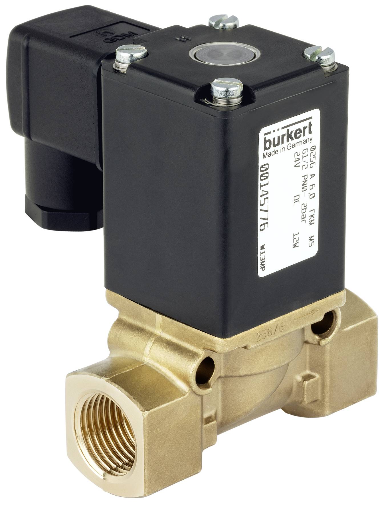 Ein elektromagnetisches Ventil von Bürkert, Typ 6013, geeignet für wasser- und luftbasierte Anwendungen, zeigt technische Spezifikationen auf dem Etikett.