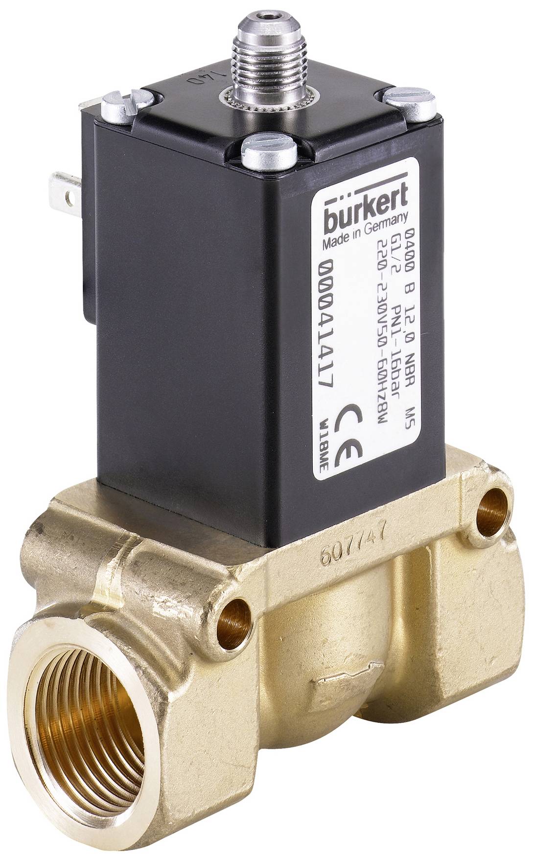 Ventil mit Metallkörper und Kunststoffgehäuse, produziert von Bürkert Made in Germany. Etikett zeigt technischen Spezifikationen.