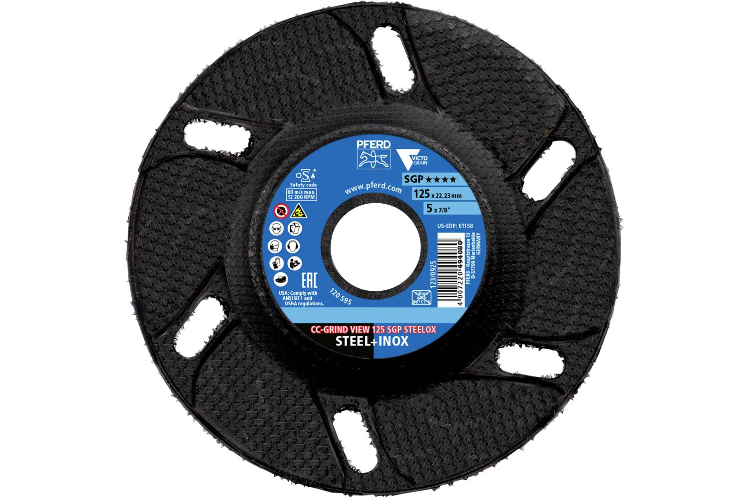 Schleifscheibe mit schwarzer, texturierter Oberfläche und einem blauen Etikett in der Mitte, das Produkteigenschaften und Markenlogo zeigt.