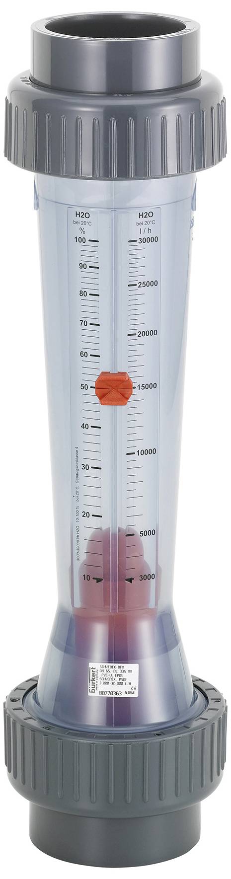 Ein transparenter Durchflussmesser mit Skala zur Messung von Flüssigkeiten, zylindrische Form, mit zwei Schraubverschlüssen an den Enden.