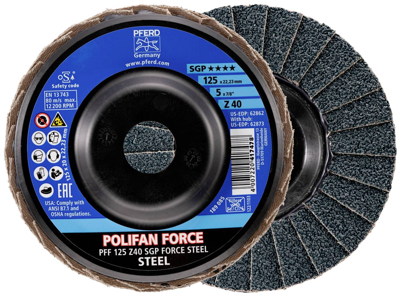 Schleifscheibe mit blauer Scheibe links, zeigt Markenname, Spezifikationen, Sicherheitsstandards und Warnhinweise auf der Vorderseite.
