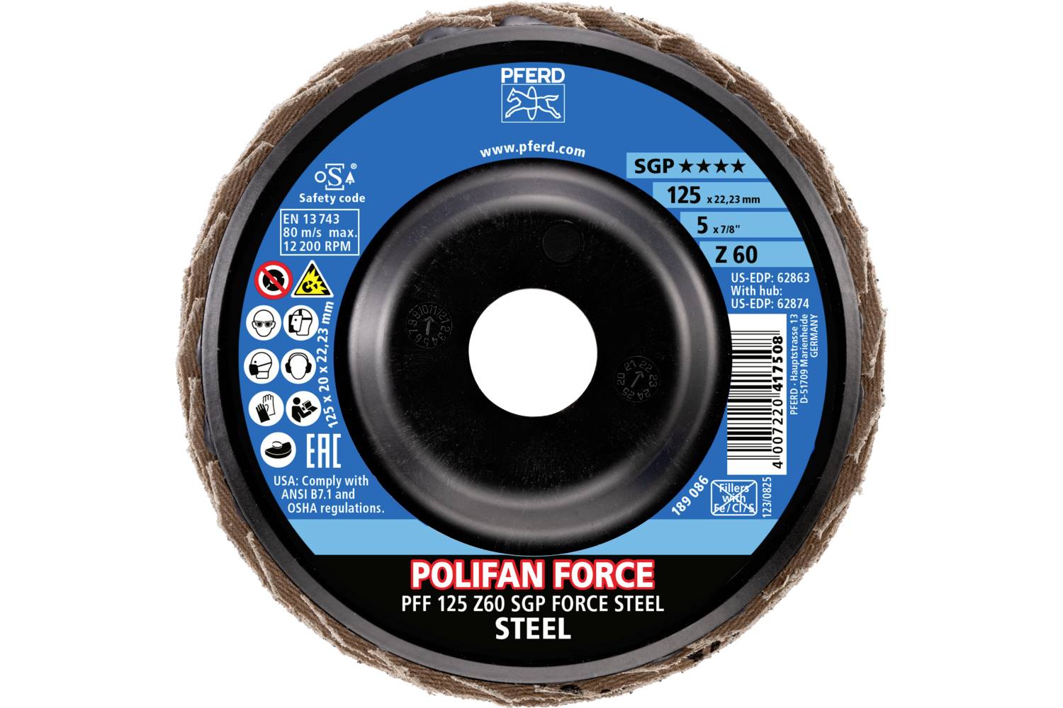 Schleifscheibe mit Aufschrift 'POLIFAN FORCE PFF 125 Z60 SGP FORCE STEEL'. Geeignet für Stahl, Durchmesser 125 mm, maximal 12.200 U/min.
