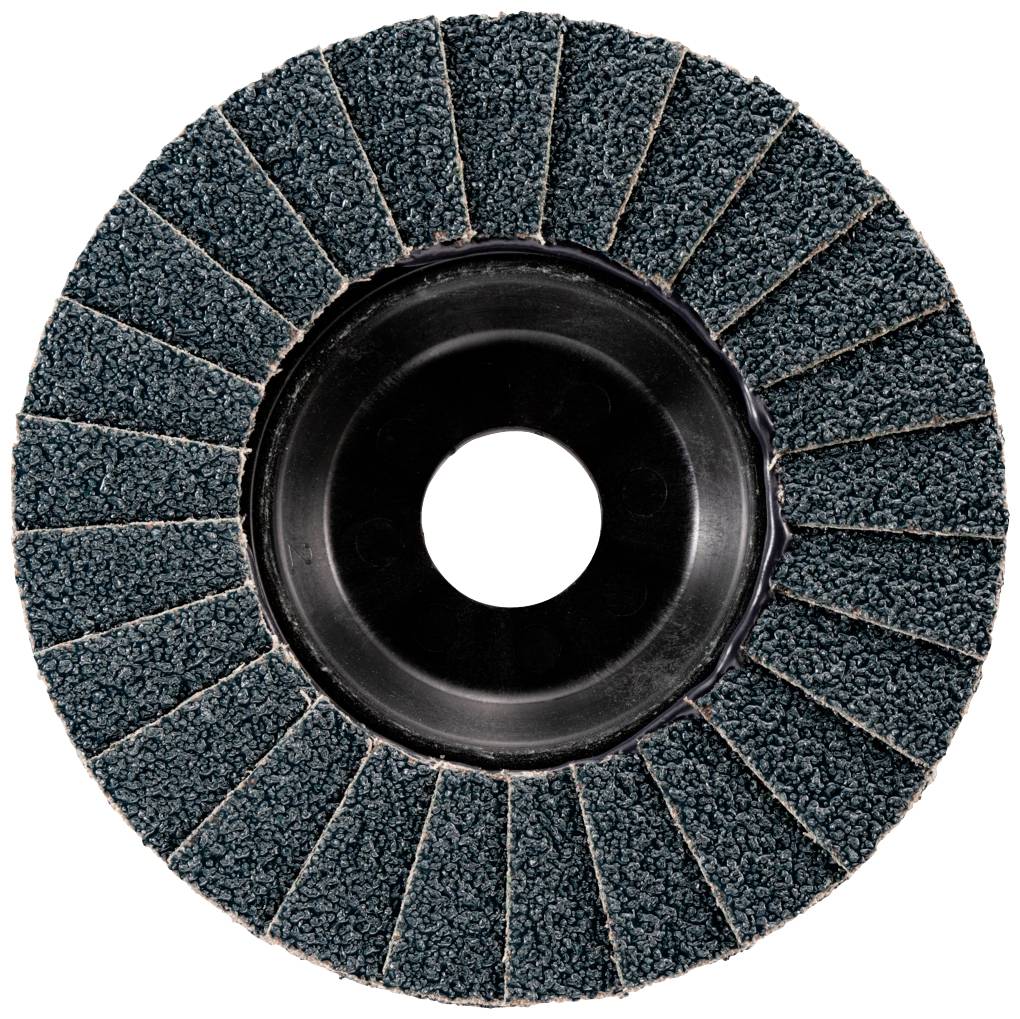 Schleifscheibe mit radial angeordnetem Sandpapier für Schleifarbeiten, Draufsicht.