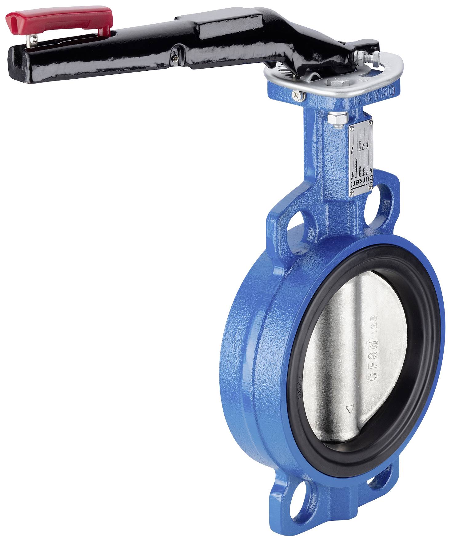 Blauer Absperrklappenventil mit schwarzem Hebel, Metallkörper, zentralem Dichtungseinsatz und Schrauben. Industrielle Anwendung.