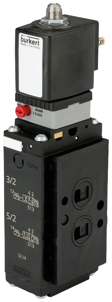 Ein elektromagnetisches Ventil von Bürkert, Typ 6518, zur Steuerung von Luft- oder Flüssigkeitsströmen. Schwarzes Gehäuse mit elektrischen Anschlüssen.