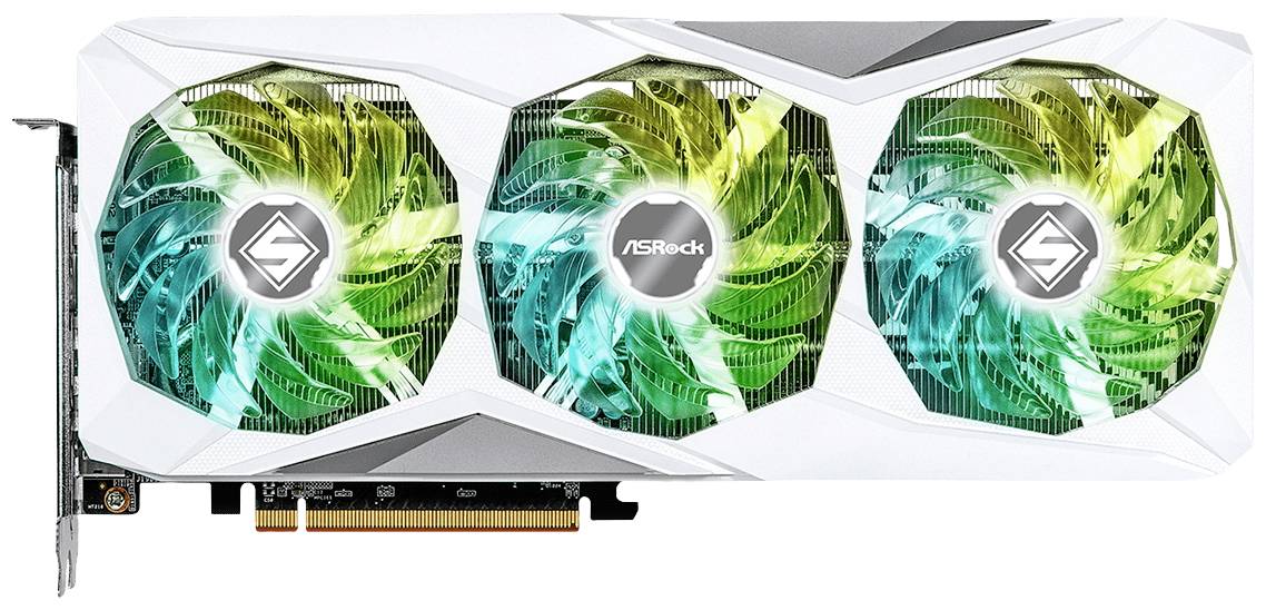 Grafikkarte mit drei beleuchteten Lüftern in Grün und Blau. Aufgedrucktes ASRock-Logo in der Mitte der Lüfterabdeckung.