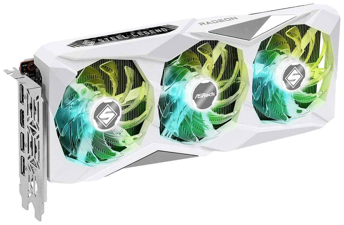 Weiße Grafikkarte mit drei beleuchteten Lüftern, symmetrisch angeordnet. Beschriftung oben rechts und linksseitige Anschlussleisten zu sehen.