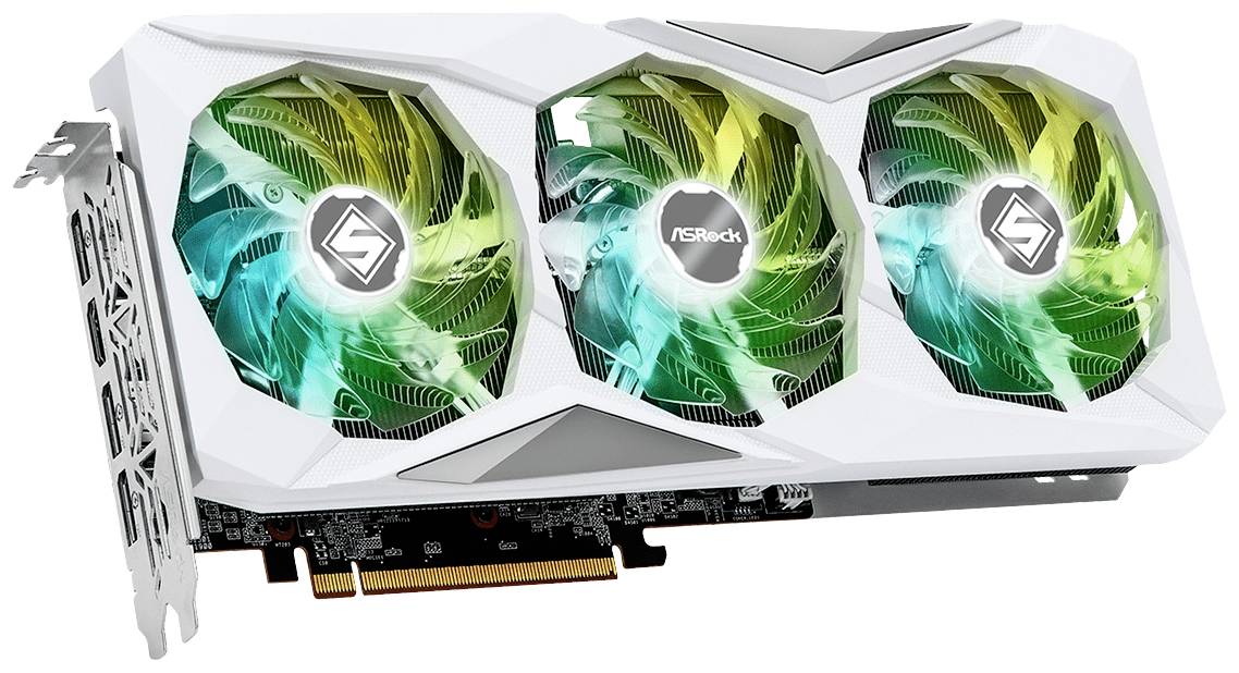 Weiße Grafikkarte mit drei Lüftern; Lüfterblätter in Gelb und Blau gefärbt. Markenlogo in der Mitte jedes Lüfters.