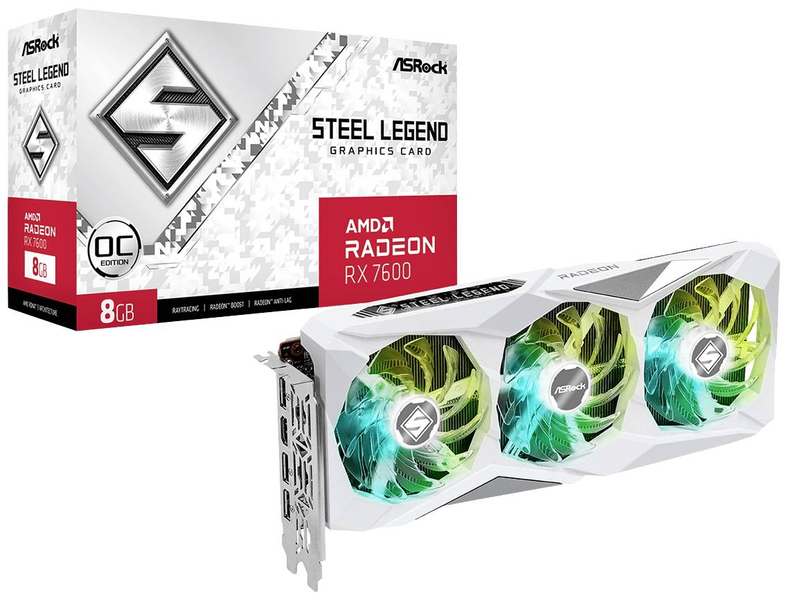 Weiße ASRock Steel Legend Grafikkarte mit drei Lüftern, daneben Verpackung mit 'AMD Radeon RX 7600' Aufschrift.