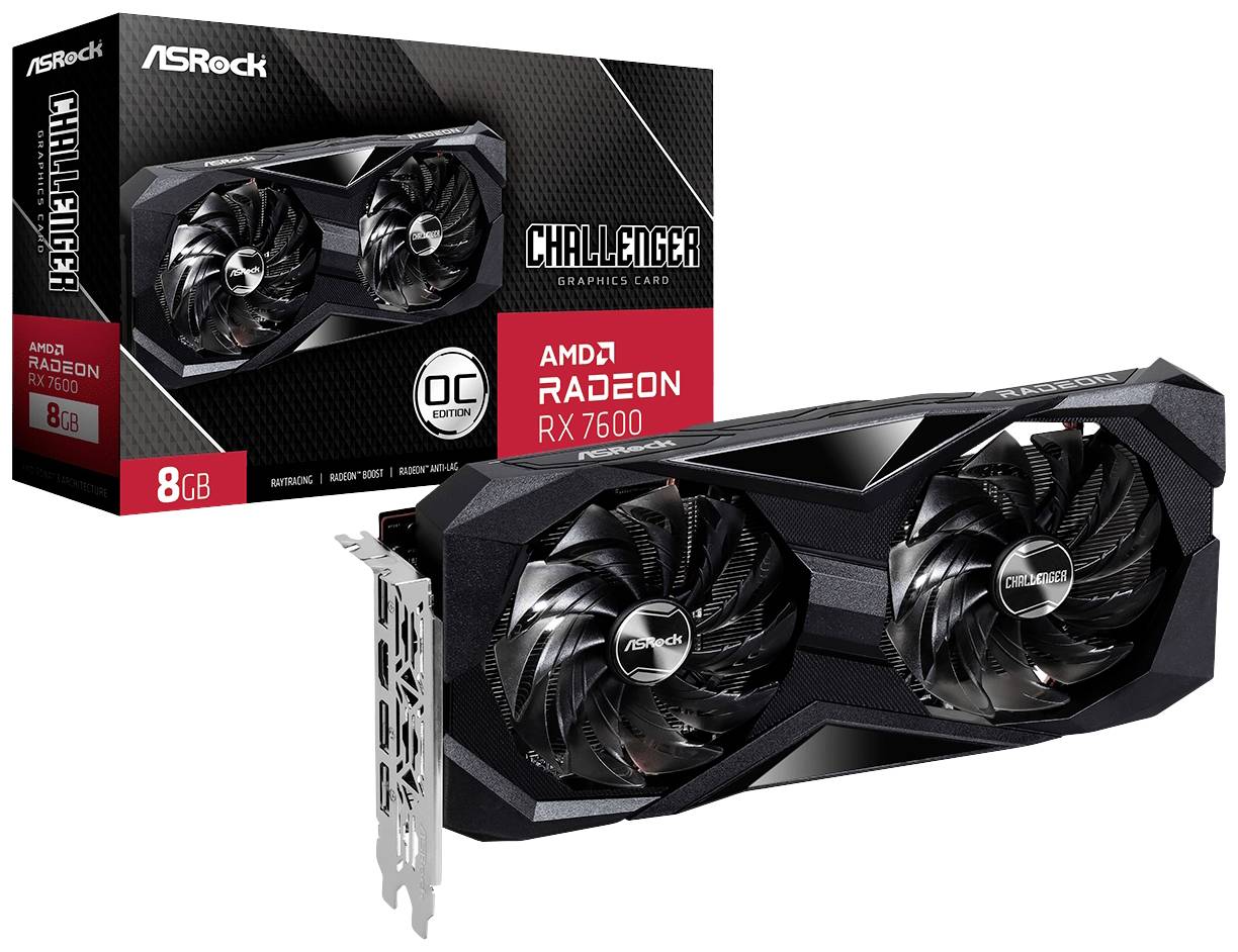Eine ASRock Radeon RX 7600 Grafikkarte mit zwei Lüftern, abgebildet vor ihrer Verpackung. Verpackung zeigt dieselbe Karte.