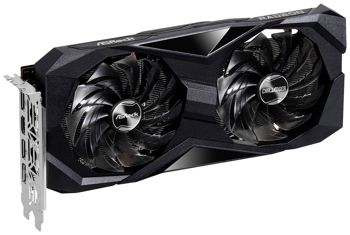 Eine schwarze Grafikkarte mit zwei Lüftern und der Aufschrift 'ASRock Radeon'.