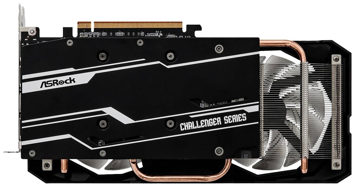 ASRock Challenger Series Grafikkarte, schwarze Rückseite, zwei Kupfer-Heatpipes und Lüftern zur Kühlung.