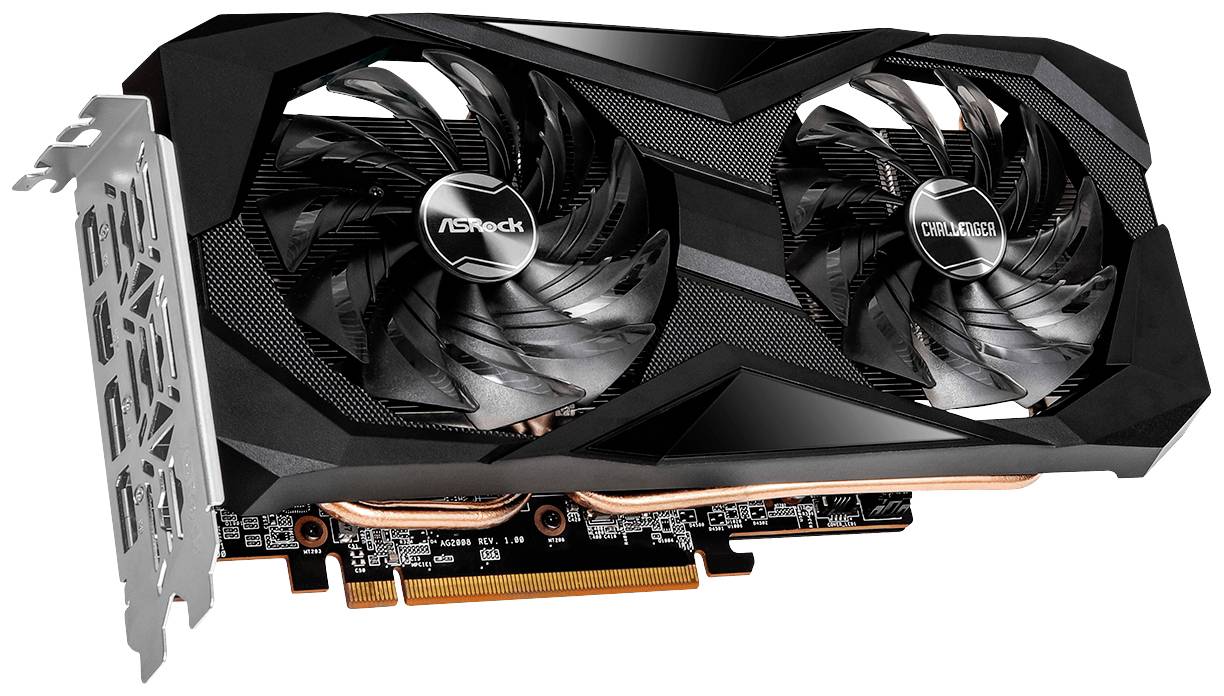 Eine schwarze Grafikkarte mit zwei Lüftern, von der Marke ASRock, die für Computerhardware verwendet wird.