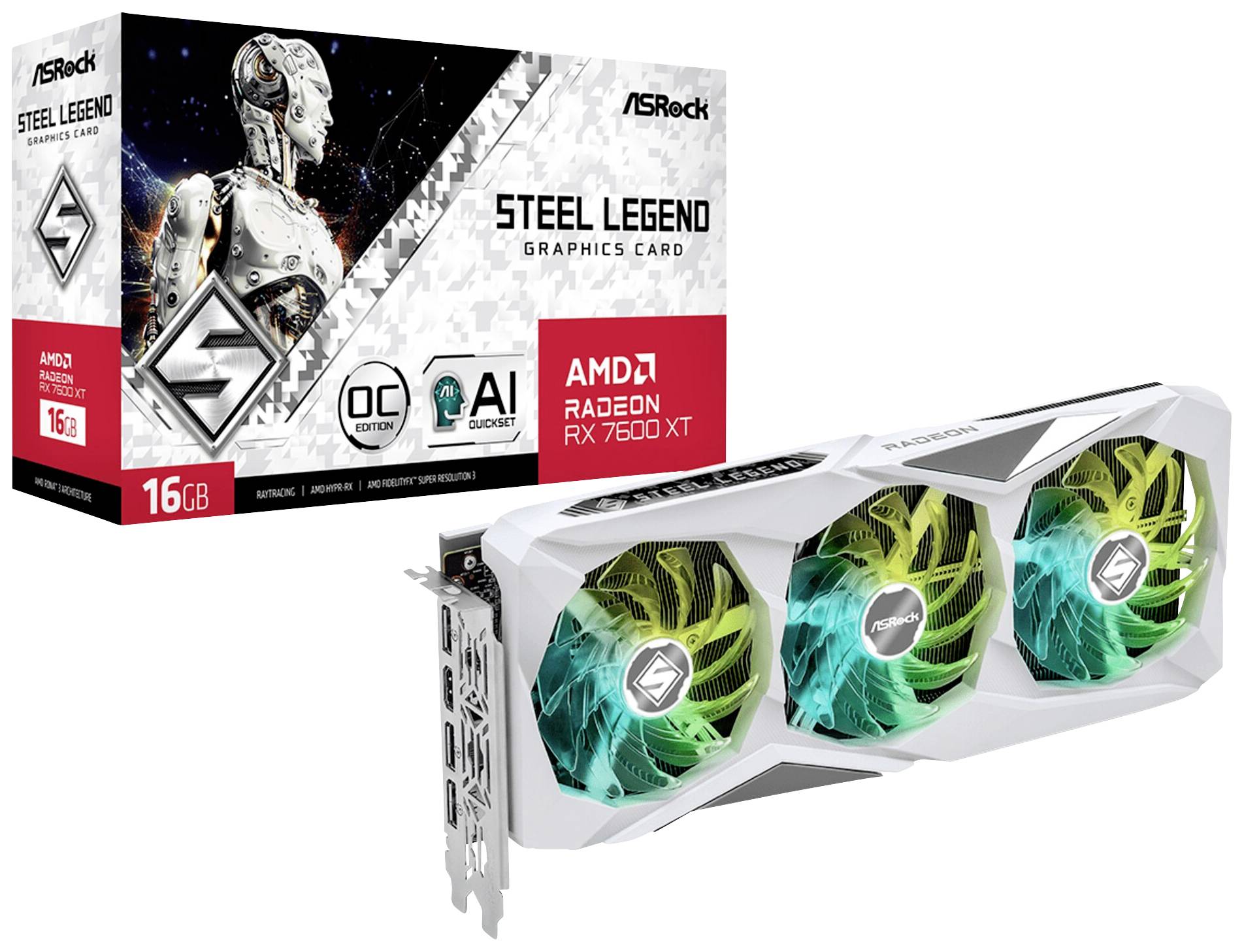 ASRock Grafikkarte AMD Radeon RX 7600 XT Steel Legend OC 16 GB GDDR6-RAM PCIe x16 HDMI®, DisplayPort RGB Beleuchtung, Übertaktet / Overclocked
