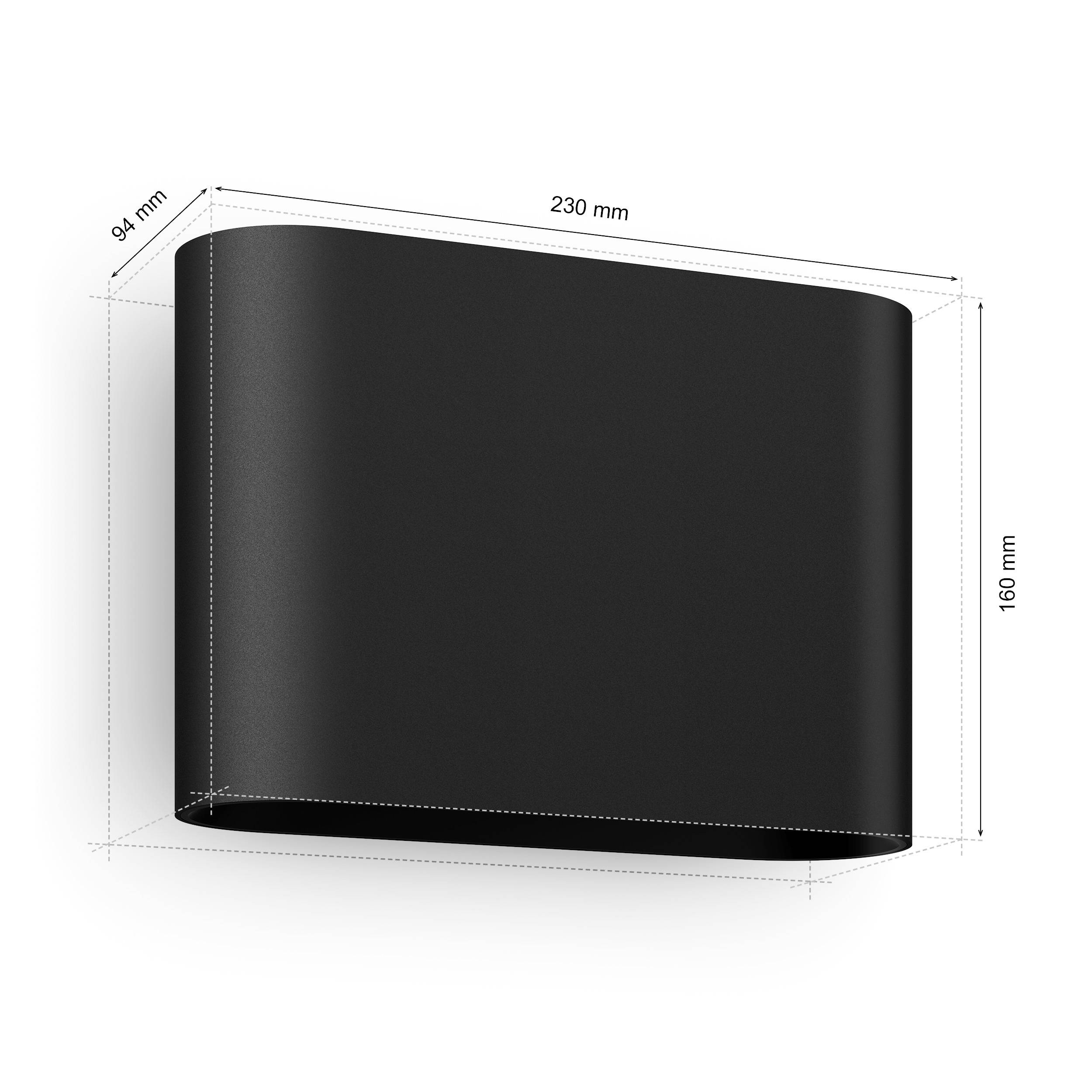 'Schwarzer zylindrischer Behälter', Maße: 230 mm Breite, 160 mm Höhe, 94 mm Tiefe.