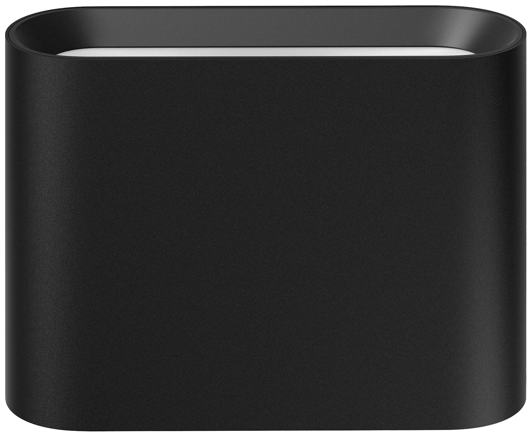 Schwarzer zylindrischer Lautsprecher mit minimalistischem Design auf weißem Hintergrund.