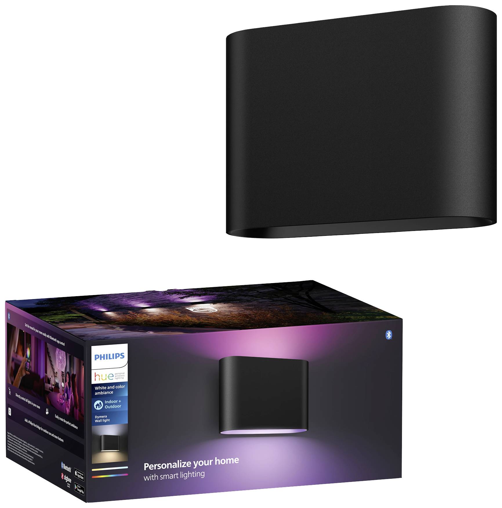 'Philips Hue Wandleuchte' mit schwarzem Gehäuse, abgebildet über der Produktverpackung. Verpackung zeigt Leuchte im beleuchteten Außenbereich.