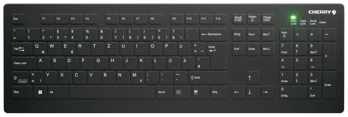 Schwarze Computer-Tastatur mit vollem Layout, inkl. Nummernblock. Oben rechts ist die Marke 'CHERRY' zu sehen.