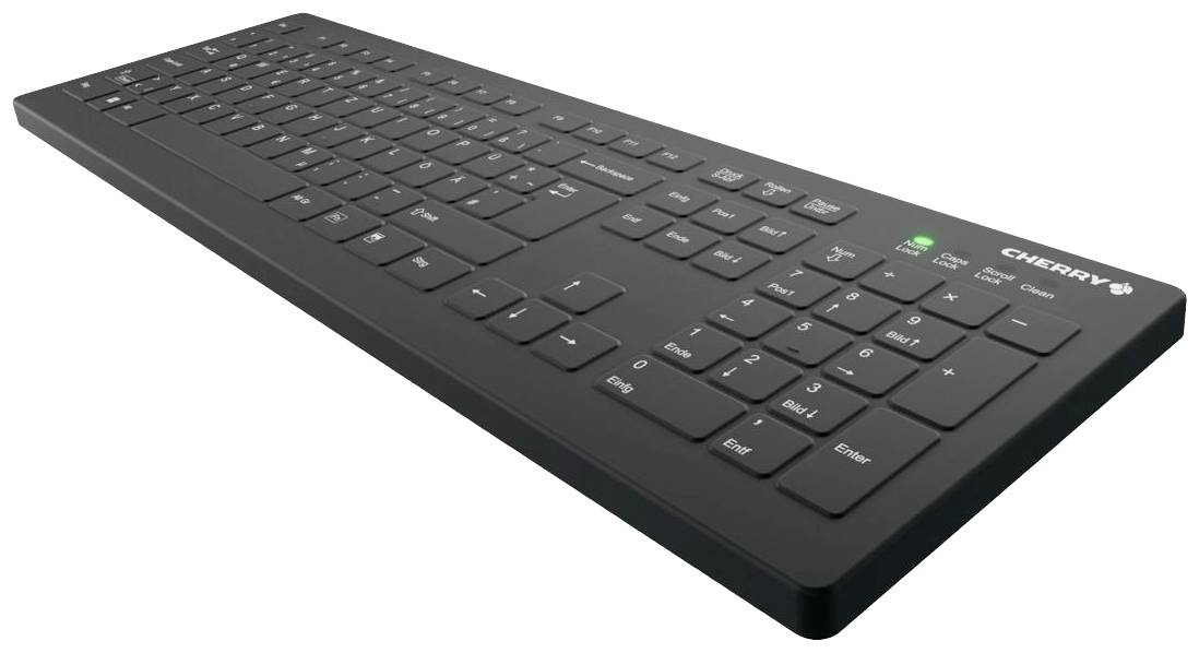 Schwarze Computertastatur von der Seite mit deutschem Layout, ohne Kabel. Oben rechts Logo und Typenbezeichnung in weiß.