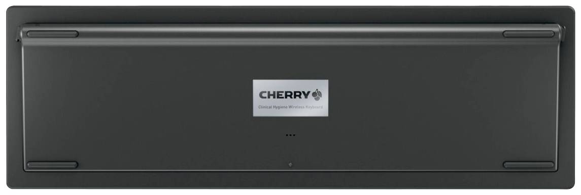 Rückseite einer schwarzen Cherry-Tastatur mit Herstellerschriftzug in der Mitte.