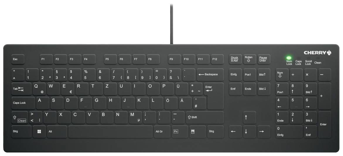 Schwarze Computertastatur mit QWERTZ-Layout, Ziffernblock rechts, Funktionstasten oben; Marke 'Cherry' in der oberen rechten Ecke.