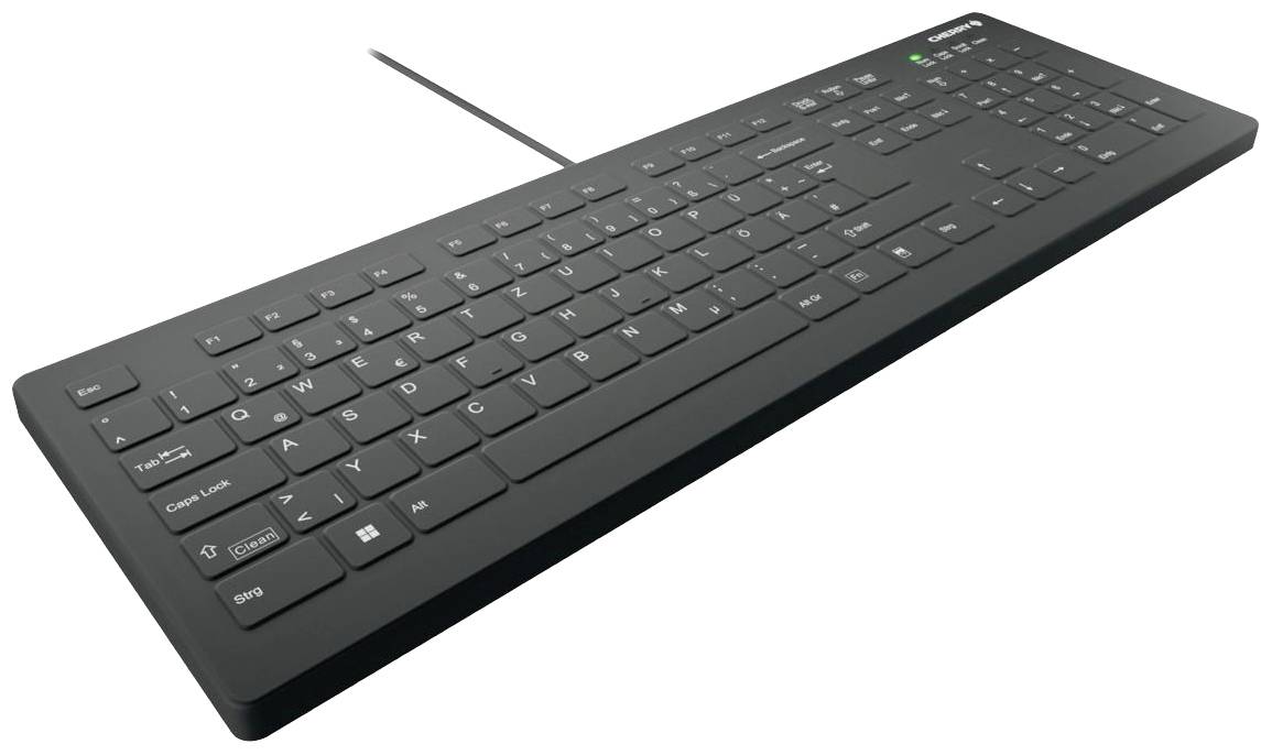 Eine schwarze Computertastatur mit numerischem Tastenfeld und Kabel. Enthält Standardtasten wie Buchstaben, Zahlen und Funktionstasten.