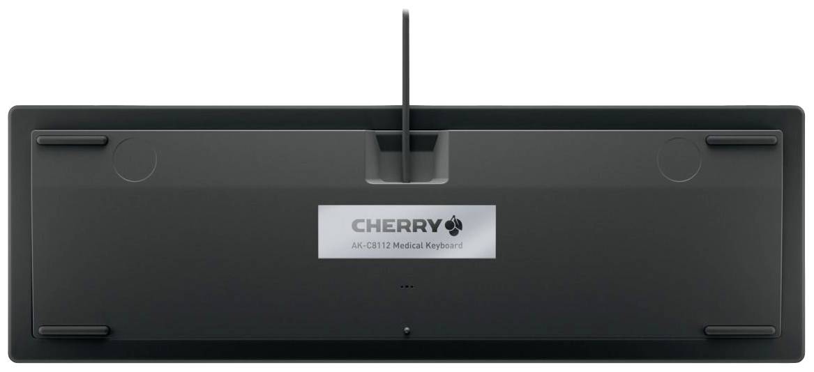 Rückseite einer schwarzen Tastatur mit Kabel. Sichtbar ist das Etikett 'CHERRY' und die Modellnummer 'AK-C8100 Medical Keyboard'.