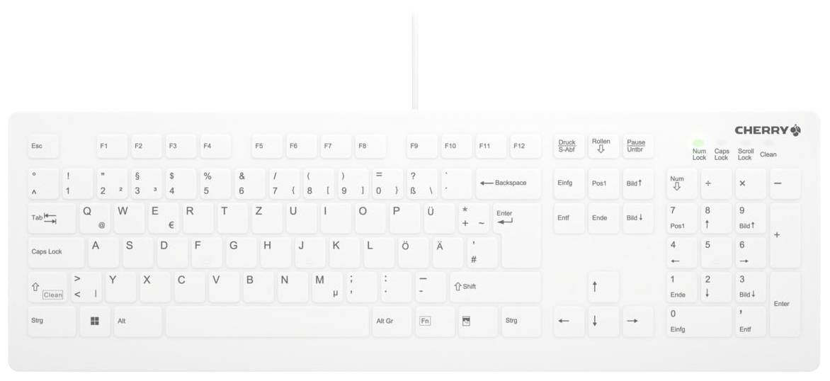 Weiße Tastatur mit Kabel. Die Tastatur hat 104 Tasten. Oben rechts ist der Schriftzug 'CHERRY'. Die Einschalttaste leuchtet grün.