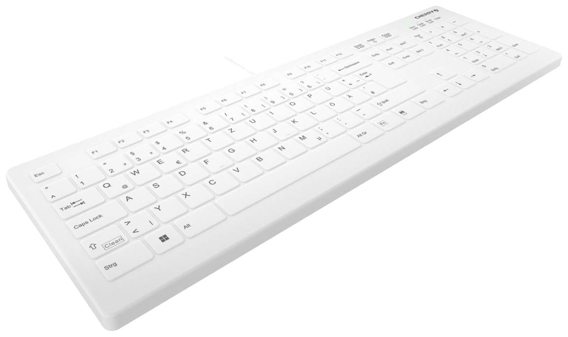 Weiße Computertastatur mit QWERTZ-Layout, Pfeiltasten und zusätzlichen Funktionstasten. Sie ist für den Einsatz an einem PC konzipiert.