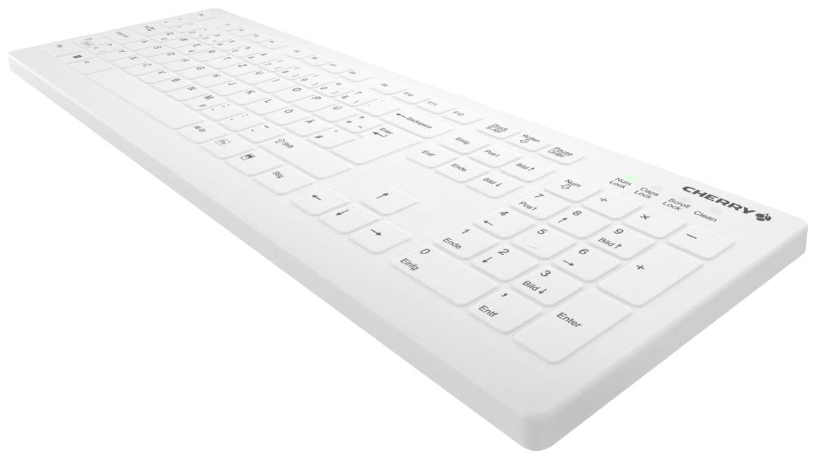 Weiße flache Tastatur mit abwaschbarer Oberfläche. QWERTZ-Layout, Funktionstasten oben. Markenlogo sichtbar oben rechts.