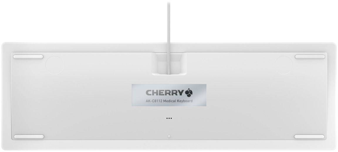 Eine weiße Tastatur von unten, mit Aufschrift 'CHERRY AK-C4110 Medical Keyboard'.