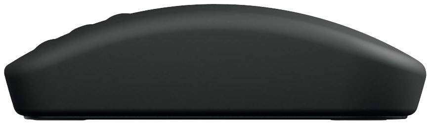 Schwarze kabellose Computermaus in Seitenansicht.