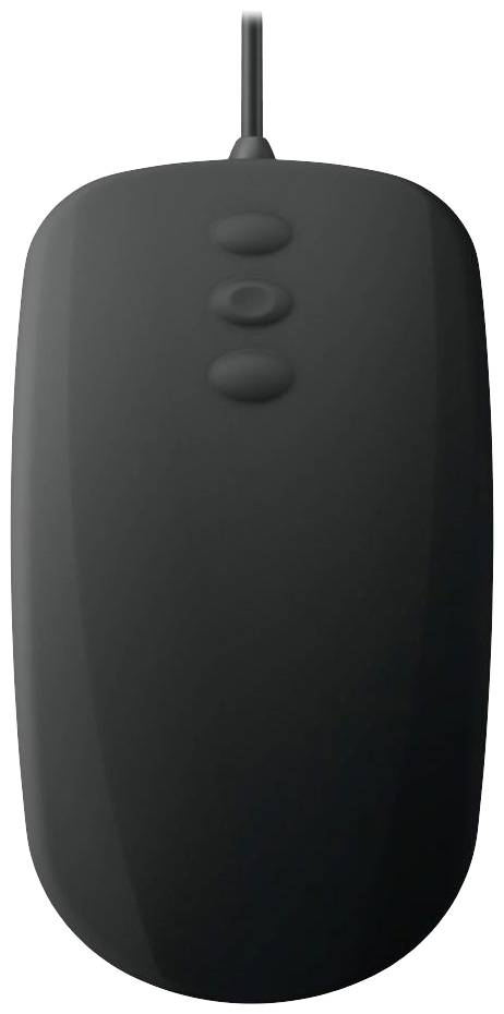 Schwarze Computermaus mit drei Tasten oben und Kabel am hinteren Ende. Minimalistisches Design ohne sichtbares Markenlogo.