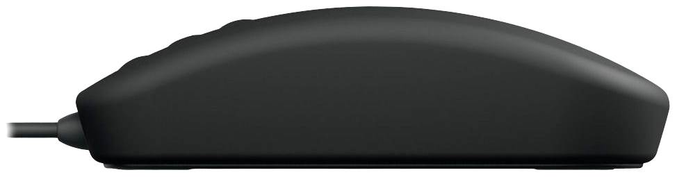 Schwarze Computermaus mit einem glatten, ergonomischen Design, seitliche Sicht mit Kabelanschluss links sichtbar.