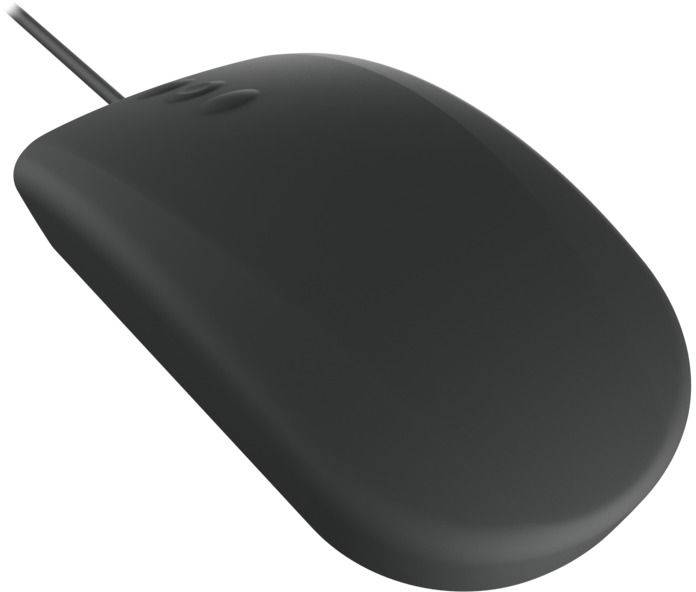Eine schwarze, kabelgebundene Computermaus in seitlicher Ansicht.