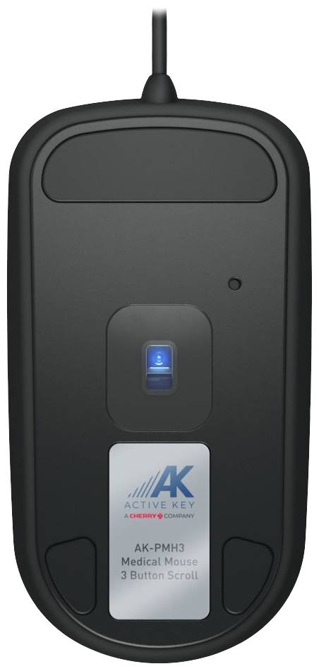 Computermaus mit Kabel, drei Tasten und Scrollrad. Markiert als 'AK-PMH3 Medical Mouse'. Schwarze Oberfläche, blaues Licht aktiv.