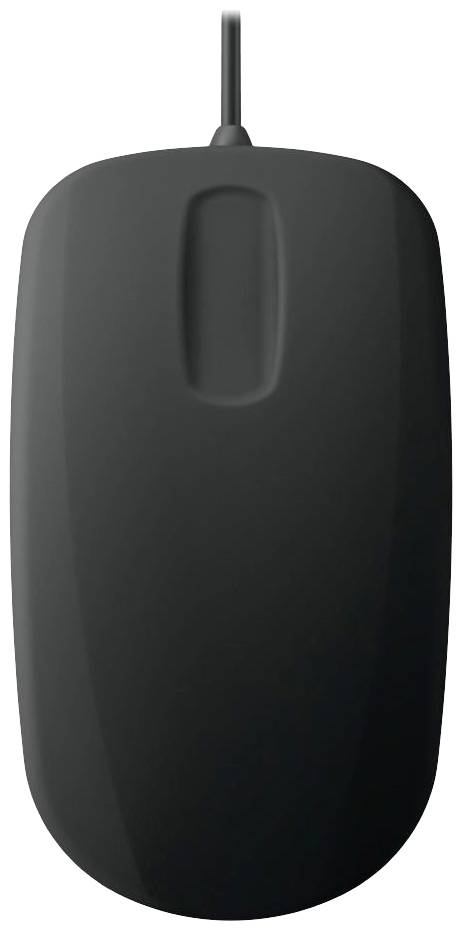 Eine schwarze kabelgebundene Computermaus mit schlichtem Design, in Draufsicht gezeigt.