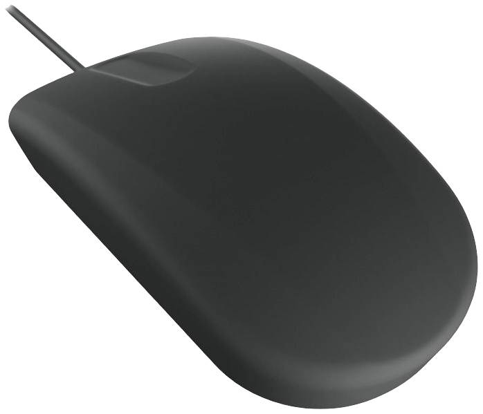 Eine schlichte schwarze Computermaus mit Kabel, seitlich von oben aufgenommen, vor einem weißen Hintergrund.