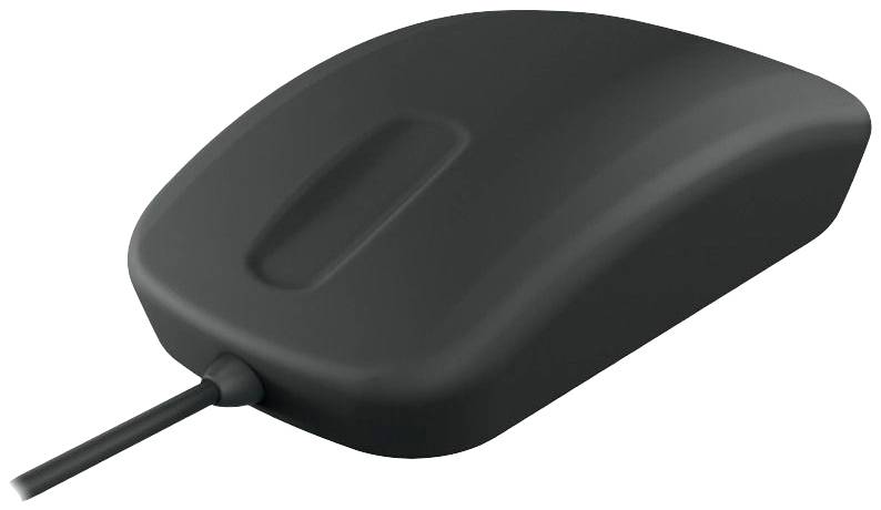 Schwarze Computermaus mit Kabel, schlichtes Design, Draufsicht.