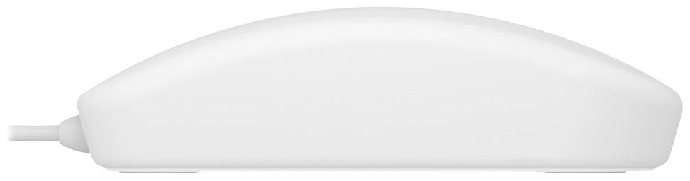 Weiße Computermaus mit schlichtem, abgerundetem Design, Seitenansicht. Kabel tritt links aus. Ideal für minimalistischen Arbeitsplatz.