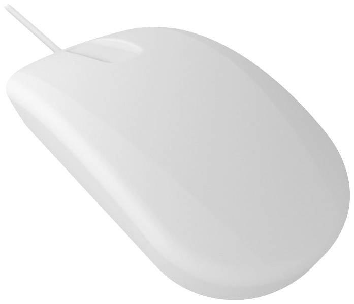 Weiße, kabelgebundene Computermaus auf weißem Hintergrund. Sie hat ein schlichtes, modernes Design ohne sichtbare Tasten oder Logo.