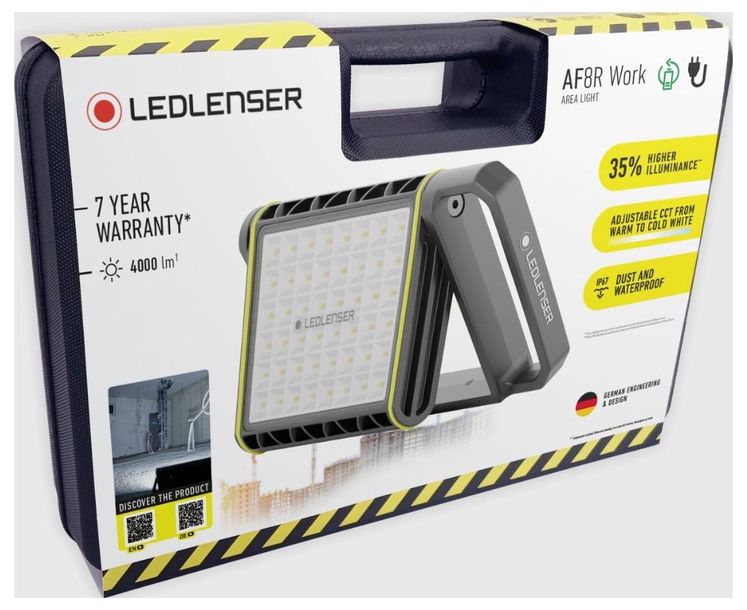 Verpackung einer LED-Arbeitsleuchte von Ledlenser. Hebt Eigenschaften wie 4000 Lumen Helligkeit, 7 Jahre Garantie und Wasserfestigkeit hervor.
