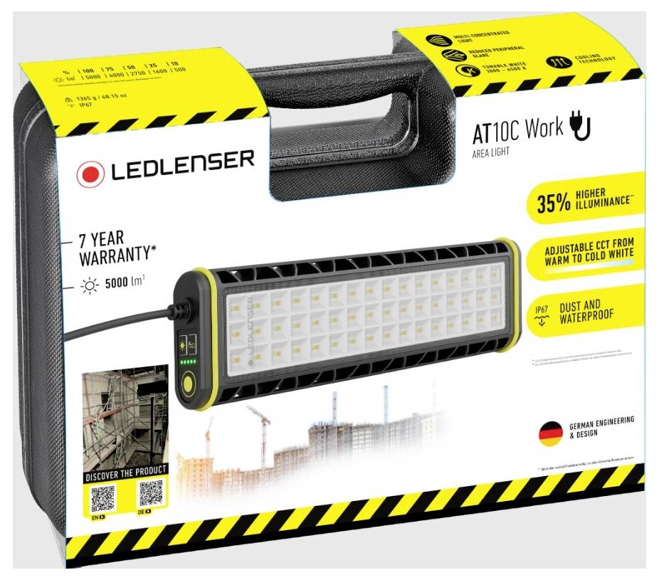'Ledlenser AT10C Work' Arbeitsleuchte im Koffer, 5000 lm, 7 Jahre Garantie, 35% mehr Helligkeit, staub- und wasserdicht, warm bis kalt einstellbar.