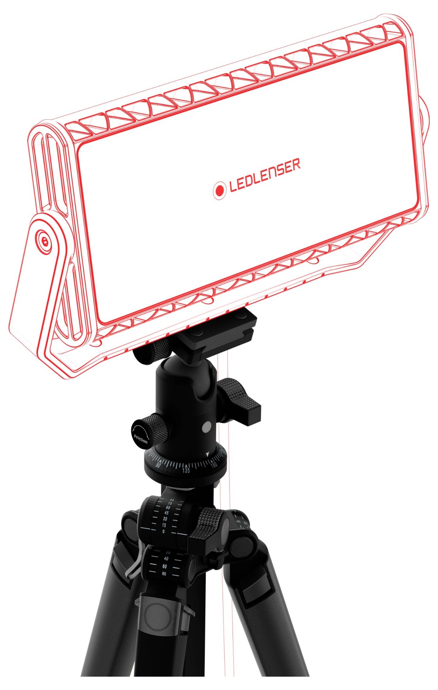 Eine tragbare LED-Leuchte von 'Ledlenser' befestigt auf einem Stativ; ideal für Fotografie oder Videoproduktion.